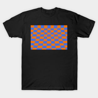 Warped perspective coloured checker board effect grid orange and blue T-Shirt